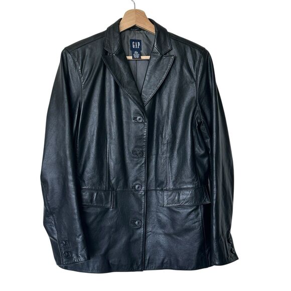 GAP Vintage Leather M Black Blazer Jacket Y2K Button Front Flap Pockets Women’s - Picture 1 of 10